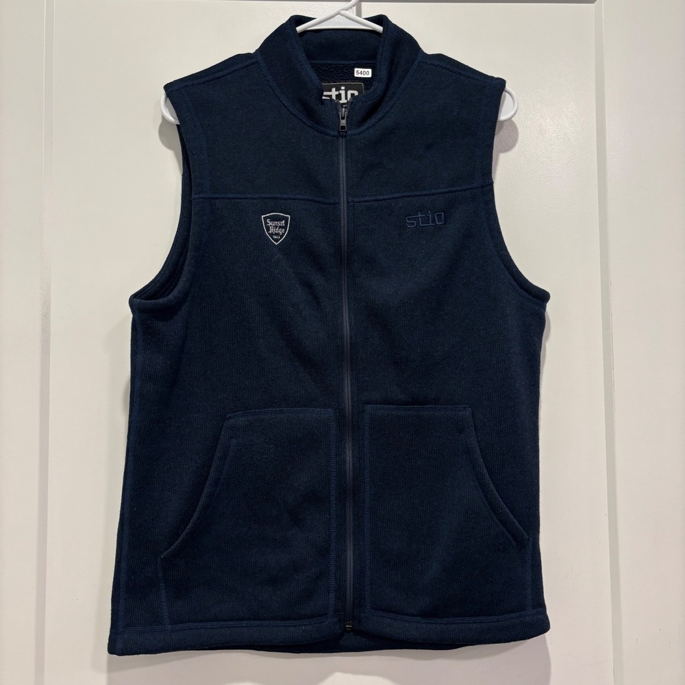 Stio Wilcox Fleece Vest Mens Medium Navy Blue Full Zip Sunset Ridge Logo Sweater